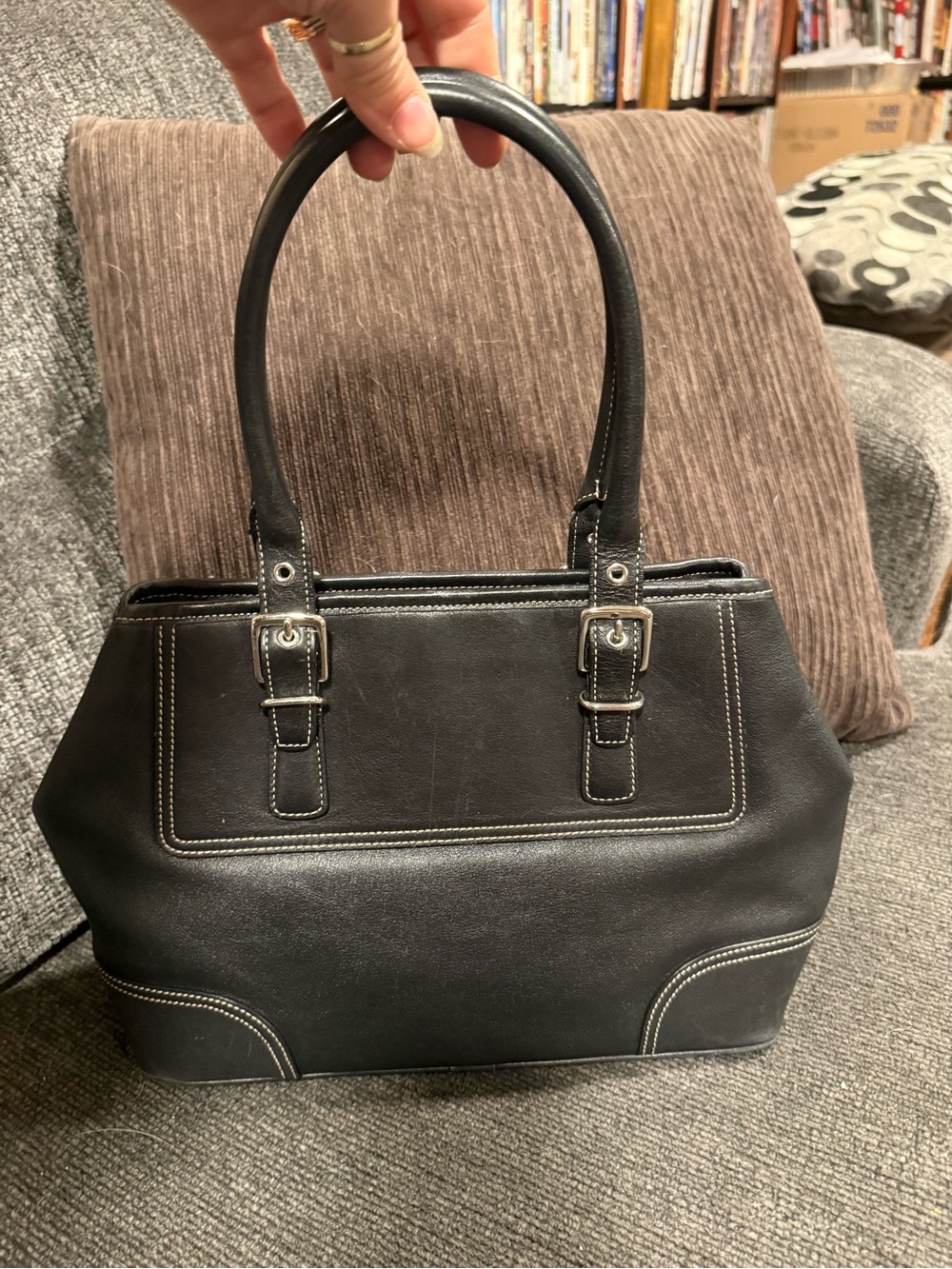 Coach Black Structured Leather Tote Bag with Contrast Stitching